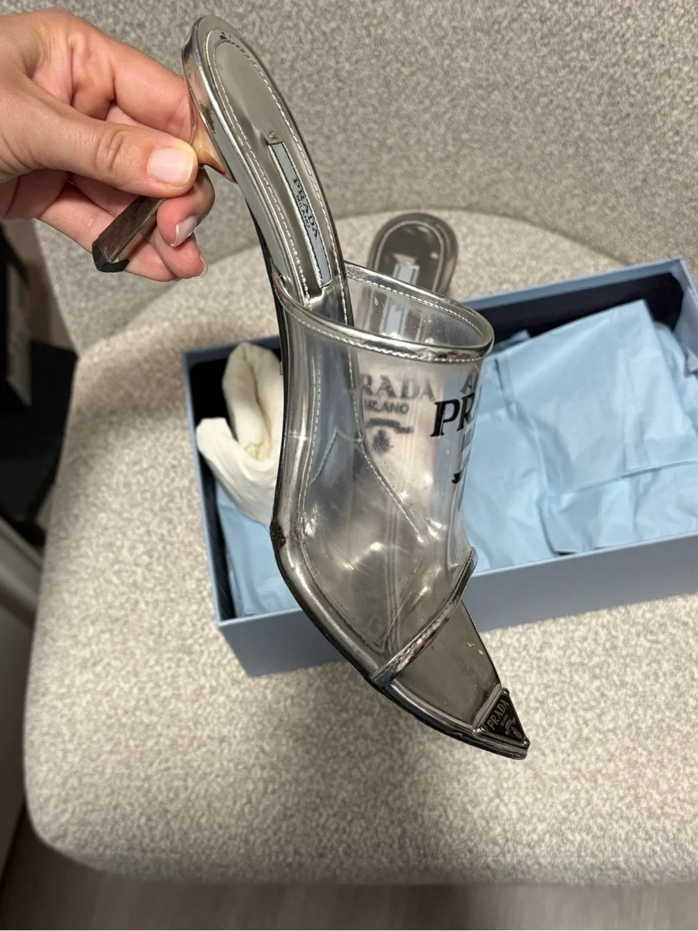 Prada White and Silver Logo Slide Sandals - Picture 2 of 4